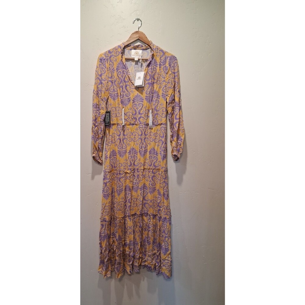 NicoBlu Sabina Mediterranean Wave Motif Tiered Maxi Dress NWT Resortwear Boho